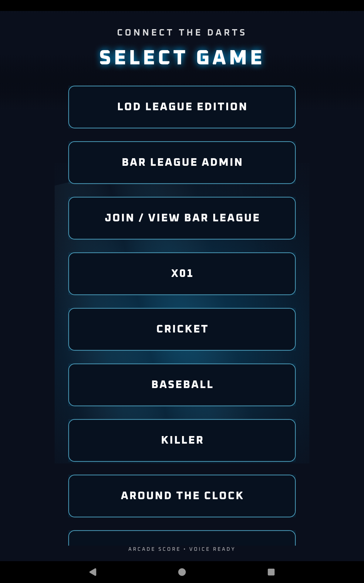 Connect the Darts game selection menu