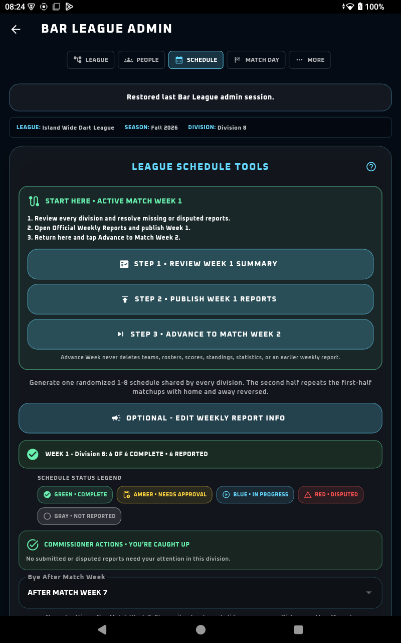 Guided weekly league workflow